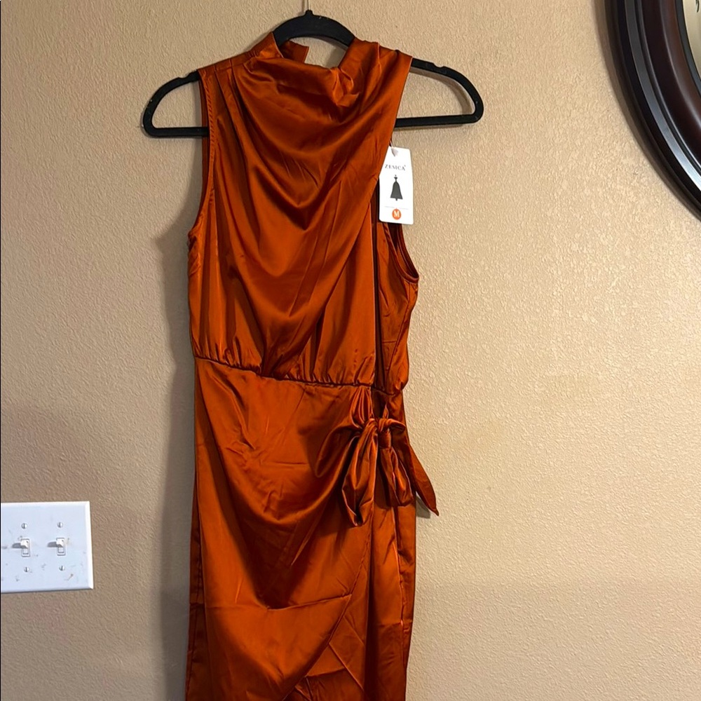 Orange Asymmetrical Ruched Cocktail Dress
